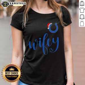 Happy Wifey Indianapolis Colts Santa Hat Merry Christmas Ladies Tee for festive football fans celebrating the holidays.