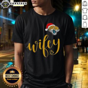 Alt Text: Happy Wifey Jacksonville Jaguars Christmas T-Shirt with Santa Hat design, perfect for holiday celebrations.