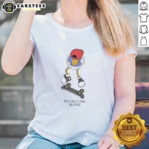 Skateboarding ladies wearing Nice Moonstone Island Tee, showcasing style and fun on vibrant urban streets.