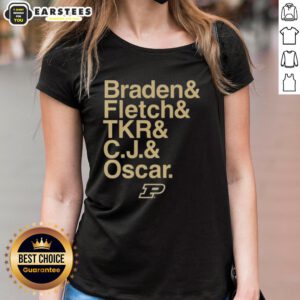 Alt Text: Nice Purdue Boilermakers ampersand stars tee for ladies featuring Braden Fletch, Tkr, C.J., and Oscar design.