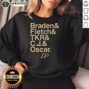 Nice Purdue Boilermakers sweatshirt featuring Braden Fletch, Tkr, C.J., and Oscar for 2025-26 season.