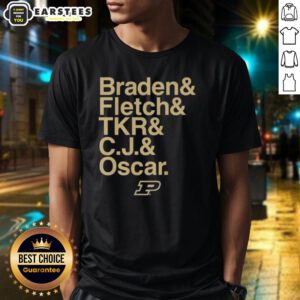 Alt Text: Purdue Boilermakers 2025-26 T-shirt featuring Braden, Fletch, Tkr, C.J, and Oscar with stars and ampersand design.