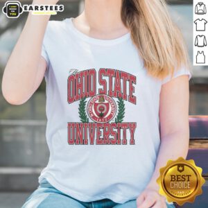 Ohio State University logo on a stylish ladies tee, perfect for fans and casual wear.