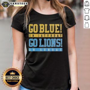 Official Go Blue on Saturday, Go Detroit Lions on Sunday ladies tee featuring vibrant team colors and stylish design.