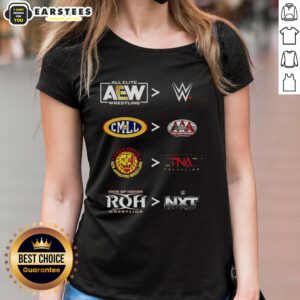 Official 2025 Ladies Tee featuring a comparative design of AEW, WWE, CMLL, AAA, NJPW, TNA, ROH, and NXT logos.