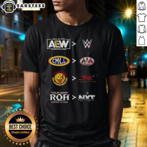 Official AEW WWE CMLL AAA NJPW TNA ROH NXT 2025 T-Shirt featuring logos of top wrestling promotions.