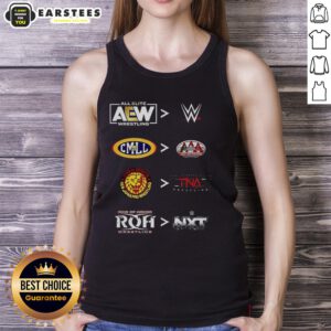 2025 tank top featuring official logos of AEW, WWE, CMLL, AAA, NJPW, TNA, ROH, and NXT for wrestling fans.