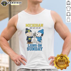 Premium Charlie Brown Michigan Wolverines tank top featuring Snoopy for Detroit Lions fans, perfect for game day.
