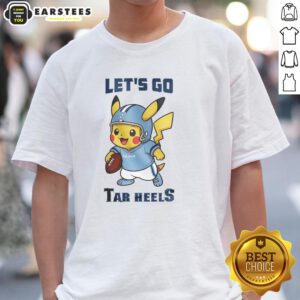 Alt Text: Premium North Carolina Tar Heels X Pikachu Lets Go T-Shirt featuring vibrant graphics and a comfortable fit for fans.