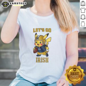 Alt Text: Premium Notre Dame Fighting Irish X Pikachu Let's Go Ladies Tee featuring vibrant graphics and a stylish design.