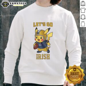 Alt Text: Premium Notre Dame Fighting Irish X Pikachu Let's Go Sweatshirt featuring vibrant graphics and a cozy design.