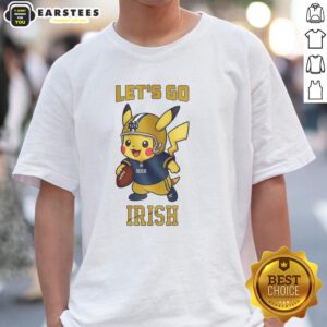Premium Notre Dame Fighting Irish X Pikachu Lets Go T-Shirt featuring vibrant graphics and sporty design for fans.