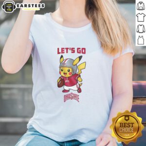 Premium Ohio State Buckeyes X Pikachu Let's Go ladies tee featuring vibrant graphics and a stylish fit for fans.