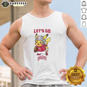 Premium Ohio State Buckeyes X Pikachu Let's Go tank top featuring vibrant graphics for fans and Pokmon lovers.