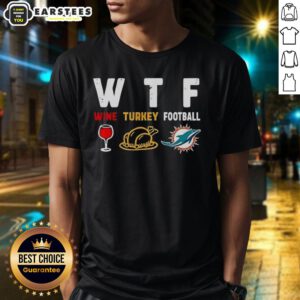 Alt Text: Premium Wine Turkey Miami Dolphins Football Thanksgiving T-Shirt featuring festive design for football fans.