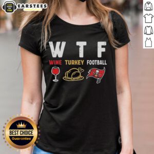 Premium Wine Turkey Tampa Bay Buccaneers Football Thanksgiving Ladies Tee featuring festive design and team logo.