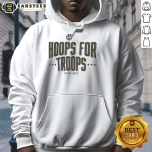 Alt Text: Stylish Utah Jazz basketball hoodie with Pretty Hoops for Troops design, perfect for fans and supporters.