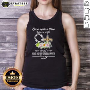 Alt Text: Pink tank top featuring Once Upon A Time horse and Saints design, perfect for fans of New Orleans and equestrian love.