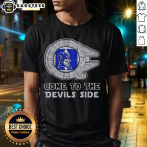 Alt Text: Pretty Star Wars Come To The Duke Blue Devils Side T-Shirt featuring iconic characters and team colors.