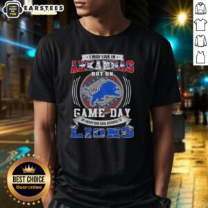 Top I May Live In Arkansas But On Game Day Detroit Lions Football T-Shirt showcasing team spirit and pride.