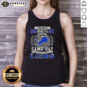 Woman wearing a Detroit Lions football tank top, showing team spirit in Connecticut on game day.