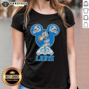 Top Mickey hands forming a heart on a Detroit Lions football ladies' tee, perfect for fans showing love.