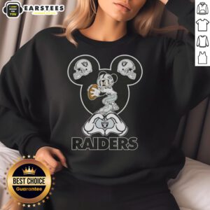 Alt Text: Top Mickey hands forming a heart on a Las Vegas Raiders football sweatshirt, showcasing team spirit and love.