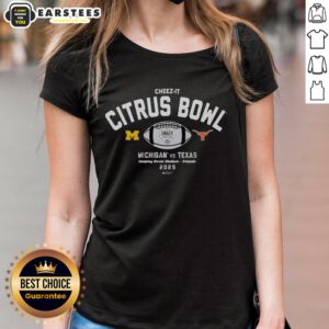 Alt Text: Ladies tee featuring the Awesome 2025 Cheez-It Citrus Bowl logo for Michigan Wolverines vs Texas Longhorns.