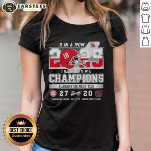 Awesome Alabama vs Auburn Iron Bowl Champions tee, celebrating 6 consecutive wins at Jordan-Hare Stadium for ladies.