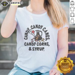 Awesome Candy Ladies Tee featuring colorful candy canes, candy corns, and syrup design, perfect for sweet treat lovers.