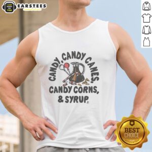 Awesome Candy tank top featuring colorful candy canes, candy corns, and syrup design for festive style.