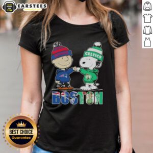Awesome Charlie Brown and Snoopy graphic on New England Patriots x Boston Celtics ladies tee shirt