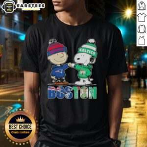Alt Text: Awesome Charlie Brown and Snoopy Boston City Sports t-shirt featuring New England Patriots and Boston Celtics logos.