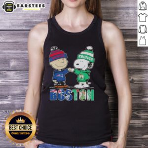 Alt Text: Awesome Charlie Brown and Snoopy tank top featuring New England Patriots and Boston Celtics graphics.