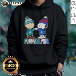 Awesome Charlie Brown and Snoopy Philadelphia City Sports hoodie featuring Eagles and 76ers logos, perfect for fans.