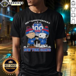 Awesome Charlie Brown X Snoopy 100th Anniversary T-Shirt celebrating 1925-2025 with New York Giants football theme.