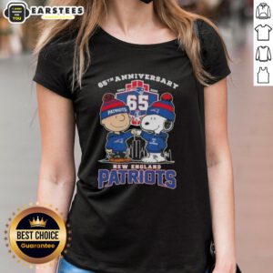 Alt Text: Awesome Charlie Brown x Snoopy 65th Anniversary Ladies Tee for New England Patriots Football - 1960-2025 design