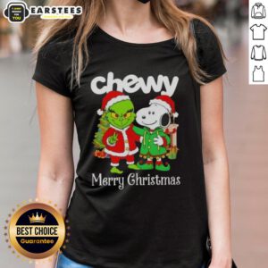 Alt Text: Awesome Chewy X Grinch and Snoopy Merry Christmas ladies tee featuring festive designs for holiday celebrations.
