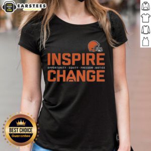 Cleveland Browns Inspire Change ladies tee showcasing football, equity, and justice themes in vibrant design.