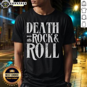 Awesome Death By Rock Roll T-Shirt featuring bold graphic design and vibrant colors for music lovers and festival-goers.