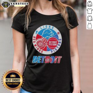 Awesome Detroit City Sports logo tee featuring Lions, Pistons, and Red Wings for ladies - perfect for sports fans.