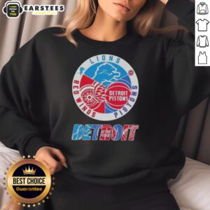 Alt Text: Awesome Detroit City Sports sweatshirt featuring logos of Lions, Pistons, and Red Wings for fans.