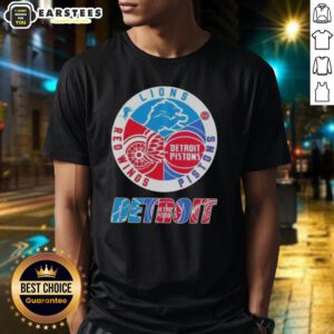 Alt Text: Awesome Detroit City Sports T-Shirt featuring Lions, Pistons, and Red Wings logos in vibrant colors.