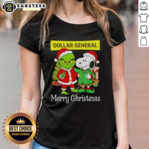Alt Text: Awesome Dollar General X Grinch and Snoopy Merry Christmas ladies tee featuring festive graphics for holiday cheer.
