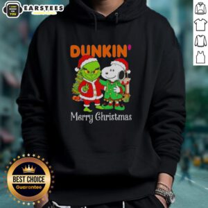 Awesome Dunkin' Donuts x Grinch and Snoopy Merry Christmas Hoodie featuring festive designs and vibrant colors.