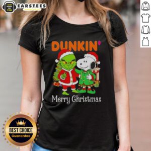 Awesome Dunkin' Donuts x Grinch and Snoopy Merry Christmas ladies tee featuring festive graphics and vibrant colors.