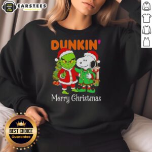 Alt Text: Awesome Dunkin Donuts X Grinch and Snoopy Merry Christmas Sweatshirt featuring festive holiday designs.