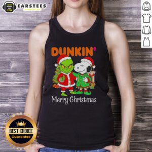 Alt Text: Awesome Dunkin Donuts X Grinch and Snoopy Merry Christmas tank top featuring festive designs and vibrant colors.