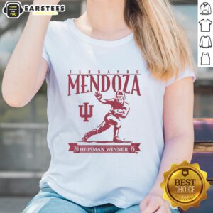 Alt Text: Awesome Indiana Football Ladies Tee featuring Fernando Mendoza and Heisman Trophy design, perfect for fans.