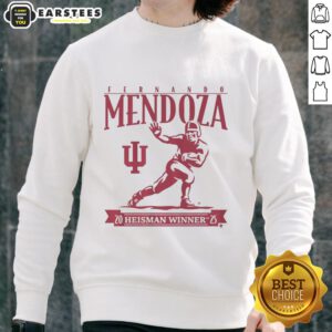 Awesome Indiana football sweatshirt featuring Fernando Mendoza and Heisman Trophy design, perfect for fans and collectors.